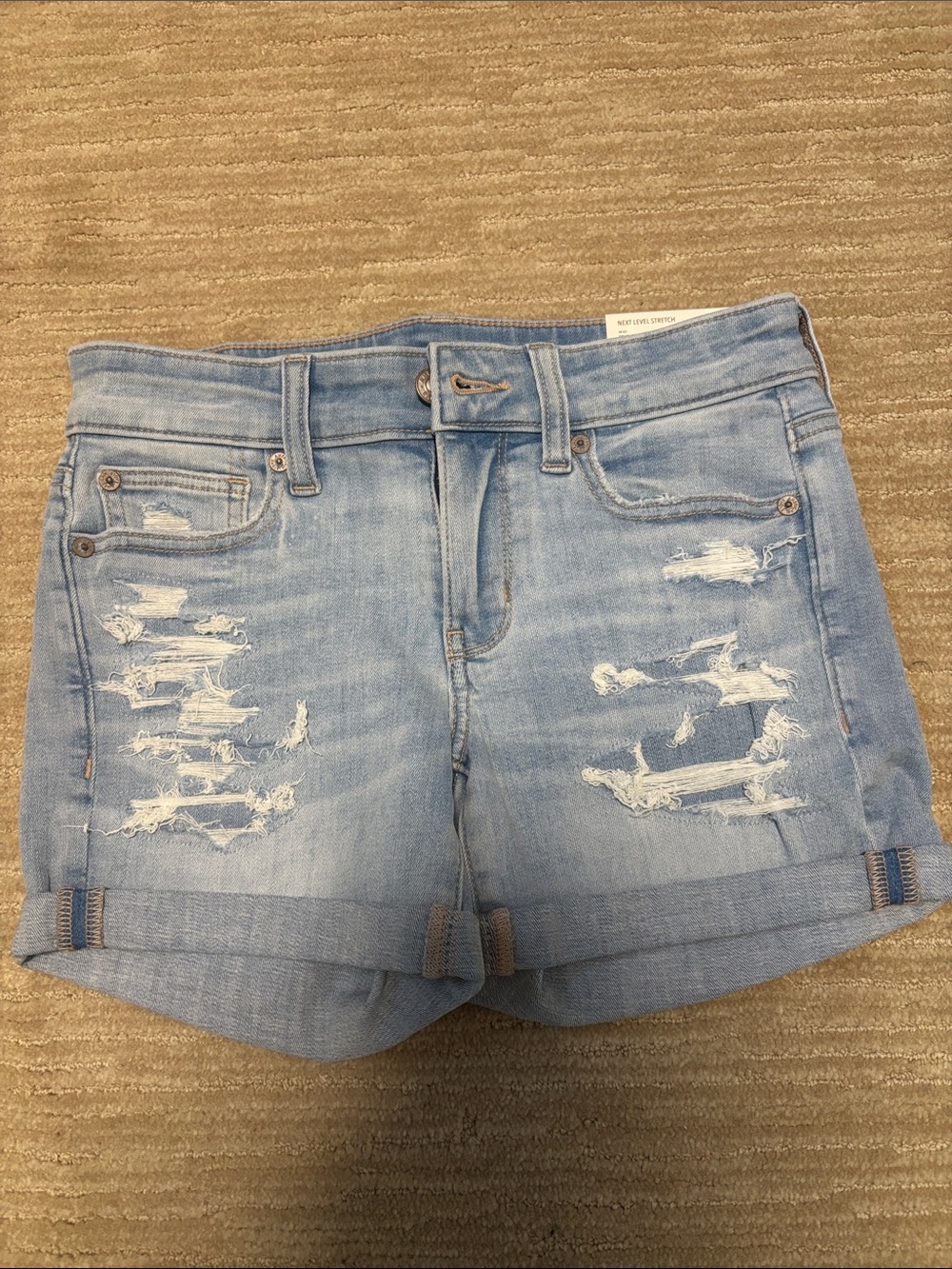 American Eagle Outfitters Light Blue Distressed Denim Roll-Cuff Shorts